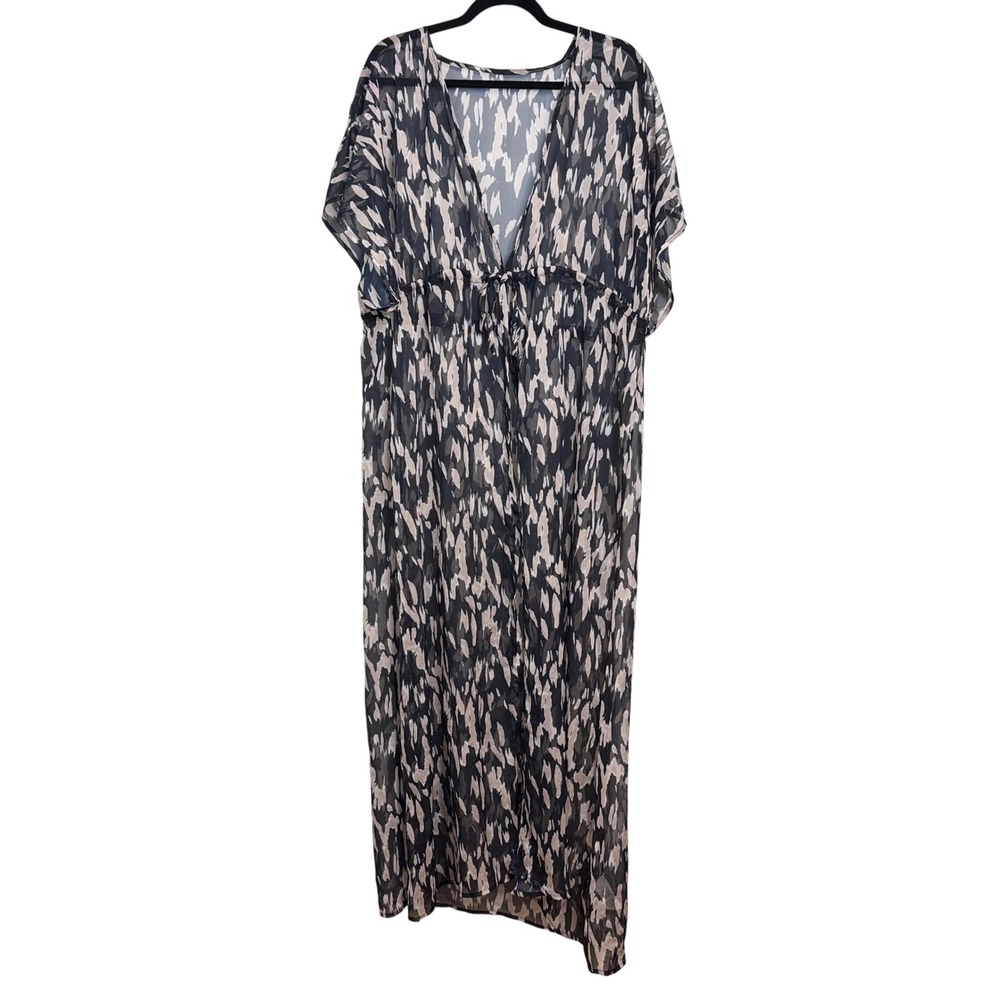 CUPSHE Maxi Kaftan‎ Cover Up Dress Black Beige Abstract Print Drawstring Waist M
